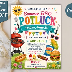 Könnte beinhalten: Eine farbenfrohe Einladung zu einem Sommer-BBQ-Potluck, mit einer Cartoon-Sonne mit Sonnenbrille. Der Flyer enthält einen roten Grill, einen Hotdog, einen Burger und andere BBQ-Themen-Grafiken. Die Abmessungen sind 21,6 cm x 27,9 cm.