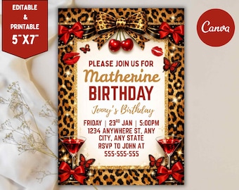 Cheetah Print Birthday Invitation, Black Bow Party Invite (PDF Download)