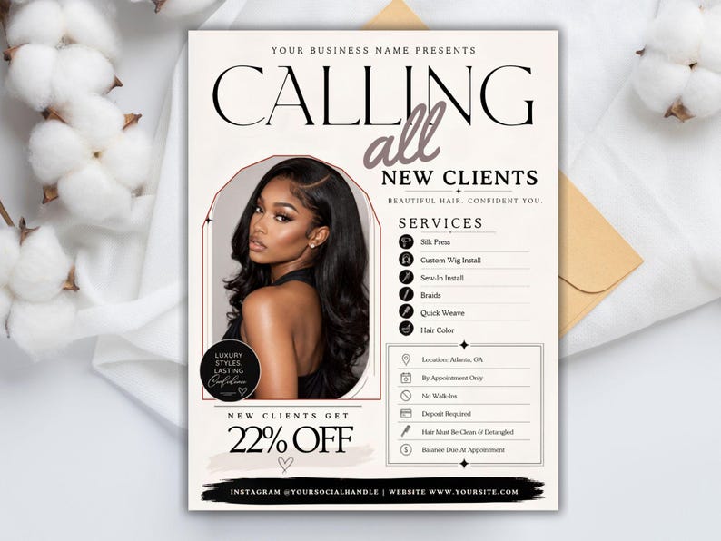 Bokningsflyer för nya kunder, Välkommen till alla nya kunder, Specialflyer för nya kunder, Makeup, Frisör, Fransteknik, Nagelteknik, MUA, DIY i Canva bild 8