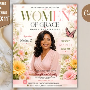 May include: A promotional poster for the "Women of Grace" conference, featuring a woman in a pink top, surrounded by flowers and a butterfly. The poster includes the speaker's name, Melina Z, and the date and time of the event.