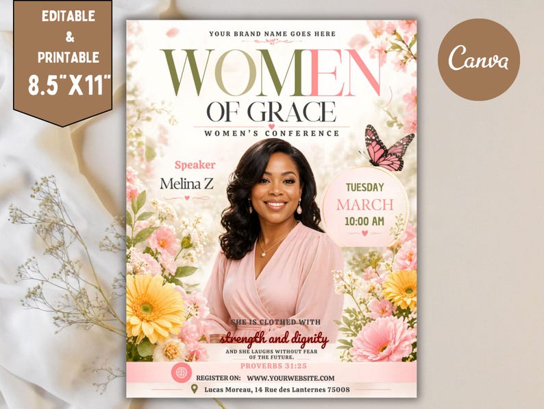 May include: A promotional poster for the "Women of Grace" conference, featuring a woman in a pink top, surrounded by flowers and a butterfly. The poster includes the speaker's name, Melina Z, and the date and time of the event.