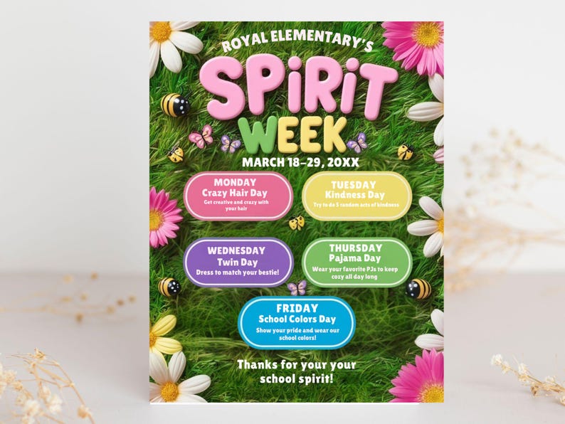 Spring Spirit Week Itinerary: Editable School Flyer (digital Download ...