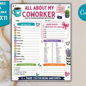 May include: An editable and printable questionnaire sheet measuring 21.59 cm by 27.94 cm, titled All About My Coworker. The white document features colourful illustrations of a coffee mug, succulent, and stationery. It includes sections for personal details, gift card preferences, and fun facts with blank lines for writing.
