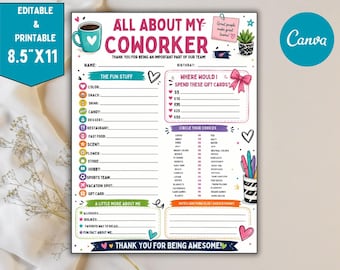 Utskrivbar Allt om min kollega, lista över anställdas favoriter, mall för frågeformulär om favoritsaker, enkät om allt om mig, redigera med Canva