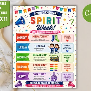 Op de afbeelding: Een kleurrijke, printbare flyer van 21,6 cm bij 27,9 cm voor de South Elementary Spirit Week. Het ontwerp bevat een blauwe megafoon, confetti en een weekschema van maandag tot vrijdag met dagelijkse thema's, illustraties en instructies.