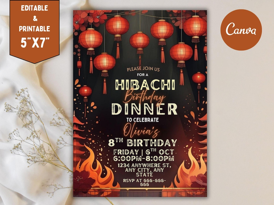 Editable Hibachi Birthday Invitation, Japanese Theme (canva Template
