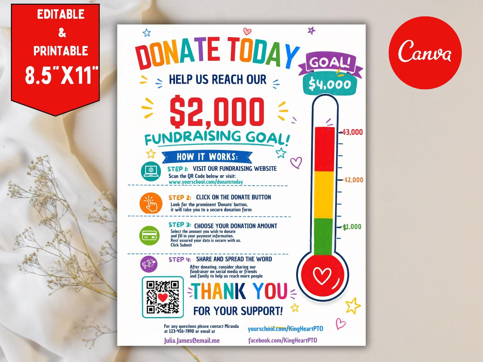 Editable Goal Thermometer Flyer: PTA/PTO Fundraising, Visual Tracker ...