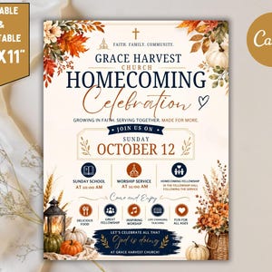May include: A flyer for a Grace Harvest Church Homecoming Celebration on October 12, featuring autumn foliage, pumpkins, and a lantern. The text includes event details, service times, and activities like Sunday School and worship, measuring 8.5"x11".