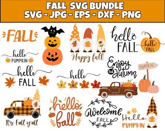 Pode incluir: Uma coleção de gráficos SVG com tema de outono. Os designs incluem abóboras, folhas de outono, gnomos e frases de texto como "Hello Fall" e "Happy Fall". A paleta de cores apresenta laranja, castanho e preto.