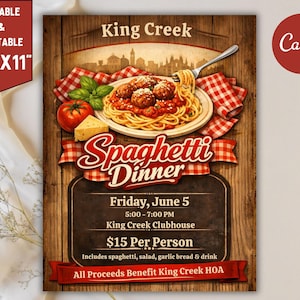 May include: A printable A4 flyer for a Spaghetti Dinner event. The design features a plate of spaghetti and meatballs, a tomato, and cheese. The flyer includes the text "Spaghetti Dinner" and event details.