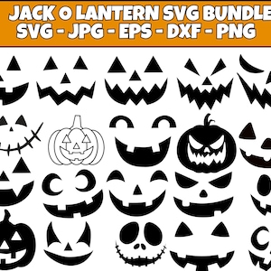 May include: A collection of black and white Jack o' Lantern faces and pumpkin illustrations. The image includes various designs for Halloween crafts, with the text "JACK O LANTERN SVG BUNDLE SVG - JPG - EPS - DXF - PNG" at the top.