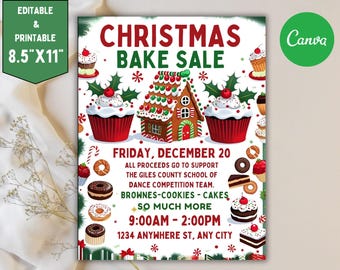 Peut inclure: Affiche de vente de pâtisseries de Noël avec une maison en pain d'épices, des cupcakes et des illustrations de pâtisseries. L'affiche mesure 21,6 cm x 27,9 cm et comprend la date, l'heure et le lieu de l'événement. Les bénéfices soutiennent l'école de danse du comté de Giles.