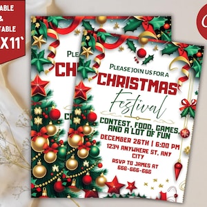 May include: A festive Christmas Festival invitation, 8.5" x 11", with a Christmas tree design, red stars, and gold ornaments. The invitation includes the text "Please join us for a Christmas Festival" with event details.