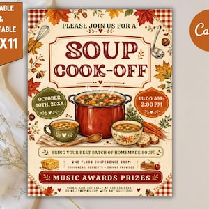 May include: A flyer for a Soup Cook-Off event measuring 21.6 cm by 27.9 cm. The design features a large red pot of soup, two bowls, a wooden spoon, carrots, and autumn leaves. Text includes event details, date, time, and contact information.