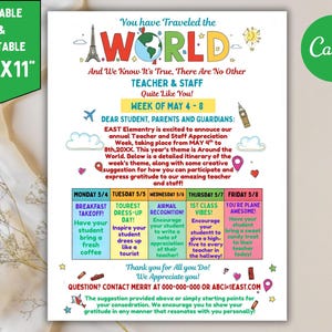 Puede incluir: Un folleto imprimible de 21,6 x 27,9 cm con el tema "You have Traveled the WORLD" para la Semana de Apreciación del Profesorado. Incluye un itinerario semanal con sugerencias de actividades diarias y gráficos coloridos.