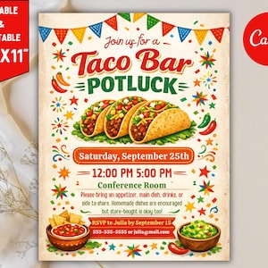 Taco Bar Potluck Flyer Vorlage und Meldeschein, Kirche, Community Poster - Lehrer Wertschätzung Taco Bar, Cinco de Mayo Potluck Fiesta