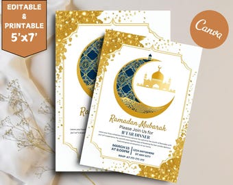 Op de afbeelding: Een gouden en blauwe Ramadan Mubarak-uitnodiging met een halve maan en een moskeeontwerp. De uitnodiging bevat de tekst "Sluit je aan bij ons voor het Iftar-diner" en details over het evenement, inclusief datum, tijd en locatie.