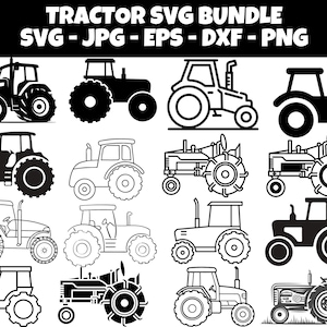 Może przedstawiać: Kolekcja czarno-białych wzorów traktorów w różnych stylach. Obraz zawiera wiele ilustracji traktorów, niektóre obrysowane, a inne pełne, z różnymi konfiguracjami kół i nadwozi. Tekst na górze brzmi "TRACTOR SVG BUNDLE SVG - JPG - EPS - DXF - PNG".