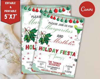 Può includere: Due inviti per feste natalizie con un design festoso. Gli inviti recitano "Unisciti a noi per Margaritas e Mistletoe Holiday Fiesta". Gli inviti misurano 12,7 cm x 17,8 cm e presentano grafiche di vischio e margarita.