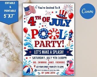 May include: A 5 inch by 7 inch 4th of July pool party invitation featuring red, white, and blue text and graphics including an American flag, a top hat, fireworks, a pool float, a beach ball, and a pink flamingo wearing star-shaped glasses.
