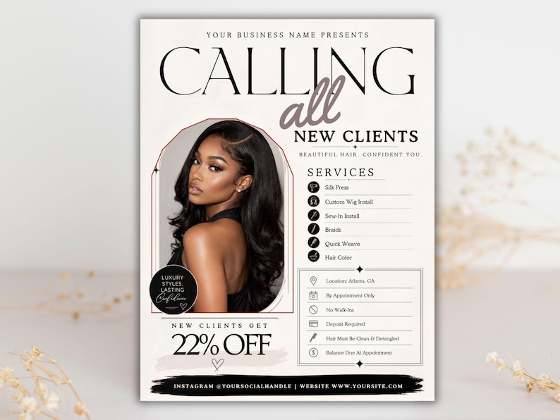 Bokningsflyer för nya kunder, Välkommen till alla nya kunder, Specialflyer för nya kunder, Makeup, Frisör, Fransteknik, Nagelteknik, MUA, DIY i Canva bild 7
