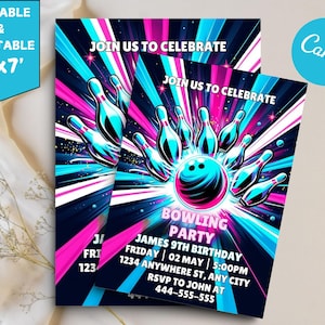 Editable Bowling Birthday Invitation, Glow Bowling Invitation, Neon Bowling Party, Boy Bowling Invite, Glow Invite, Strike Up Some Fun