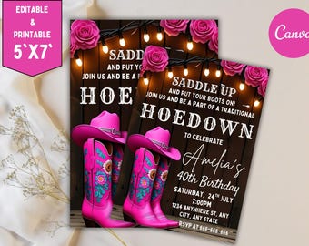 Pink Hoedown Birthday Invitation: Western Cowgirl Party (Digital Invite, 5x7 inches)