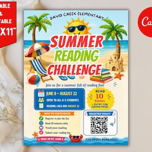 May include: A colorful poster promoting a summer reading challenge for elementary students. The design features a beach scene with palm trees, a sun wearing sunglasses, and the text "Summer Reading Challenge." The poster is 8.5" x 11" and includes a QR code.
