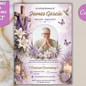 May include: A 5"x7" funeral programme template featuring a portrait of a man in a central oval frame, surrounded by purple roses, white lilies, a wooden cross with purple fabric, a flying white dove, butterflies, and two lit candles.