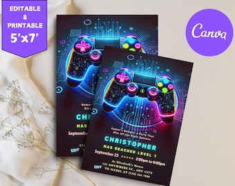 Video Game Birthday Invitation: Neon Glow, Level Up (EDITABLE)