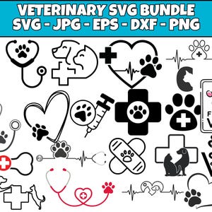 Op de afbeelding: Een verzameling diergeneeskundige SVG-afbeeldingen in zwart en wit, waaronder stethoscopen, pootafdrukken, honden- en katten silhouetten, kruisen en de tekst "FIND A VET". De tekst "VETERINARY SVG BUNDLE" staat bovenaan.