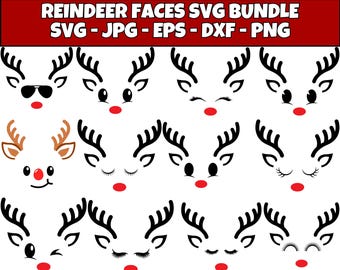Christmas Reindeer Faces SVG Bundle, Cricut Designs (Digital Download)