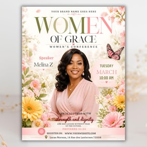 march 8 women's day,prayer breakfast,church event flyer,women's prayer flyer,customizable Canva,faith based flyer,bible study flyer,pink church flyer,woman empowerment,women's conference,womens retreat flyer,guest speaker flyer,womens meeting flyer