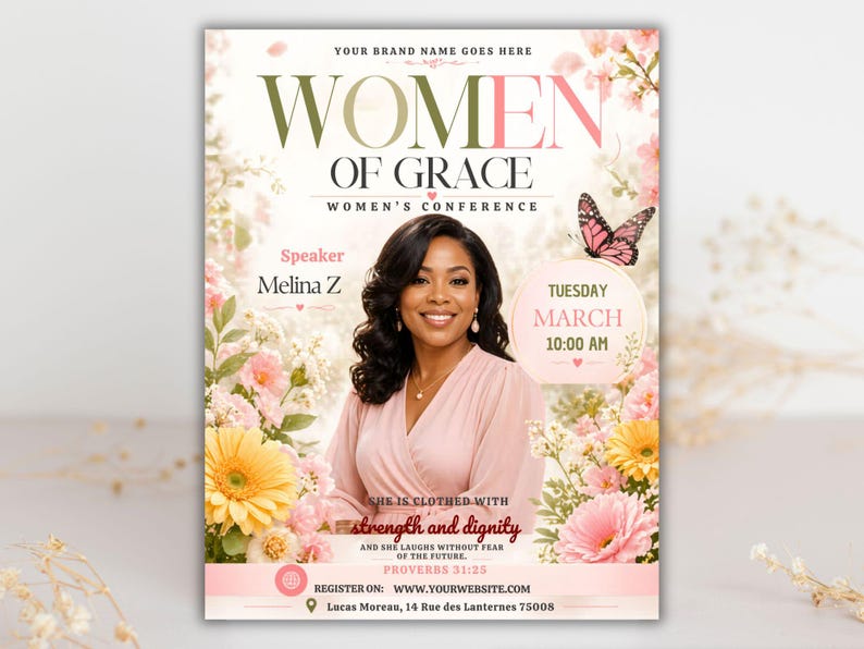 march 8 women's day,prayer breakfast,church event flyer,women's prayer flyer,customizable Canva,faith based flyer,bible study flyer,pink church flyer,woman empowerment,women's conference,womens retreat flyer,guest speaker flyer,womens meeting flyer