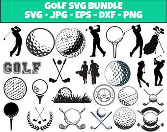 May include: A black and white vector illustration bundle of golf-themed images. The bundle includes images of golf balls, golf clubs, golfers, and the word "GOLF".