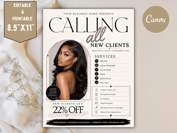 New Client Booking Flyer, Calling All New Clients, Hair Stylist, Lash Tech, Nail Tech, MUA, Editable Canva Editable