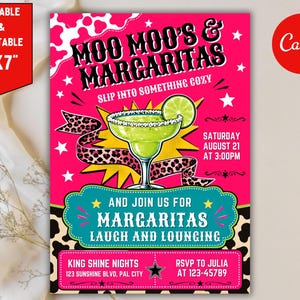 May include: A 5"x7" digital invitation card featuring a bright pink background with cow print accents. The text reads "Moo Moo's & Margaritas" and "Slip into something cozy" above a green margarita illustration with a lime slice and leopard print ribbon.