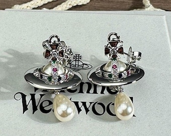 In Box Vivienne Westwood Earrings,CZ Saturn Pearl Drop Earrings,Gifts for Her,925 Silver