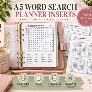 May include: A5 word search planner inserts featuring 100 printable puzzles and 25 solution pages. The set includes a Garden Flowers puzzle page, a Solutions page, and icons for single-sided, duplex, A4 print and cut, and easy to print options.