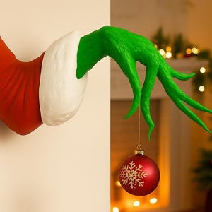 Puede incluir: Una escultura decorativa de pared que presenta una mano de color verde brillante con dedos largos y delgados que emerge de una manga de tela roja y blanca. La mano sostiene un adorno navideño redondo de color rojo con un copo de nieve blanco.