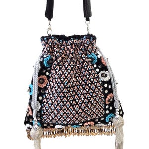 Black Beaded Embroidered Potli Bag Handmade Velvet Bridal Clutch with Tassels  Indian Wedding Purse  Ethnic Drawstring Evening Bag for Women