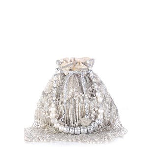 Silver Beaded Bridal Potli Bag with Pearl Tassels | Indian Wedding Clutch Purse | Handmade Ethnic Party Bag for Women | Luxury Potli