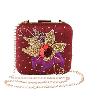 Embroidered Floral Clutch Bag | Silk Evening Purse with Beads | Indian Wedding Party Clutch | Gold Chain Bag for Women | Handmade Gift Bag