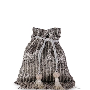 silver and black cutdana   Potli Bag for Women | Indian Bridal Clutch with Tassels | Handmade Ethnic Wedding Purse | Party Wear Potli Pouch