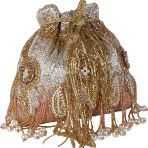 Gold Beaded Bridal Potli Bag with Pearls | Handmade Indian Wedding Clutch | Ethnic Party Purse for Women | Luxury Tassel Potli