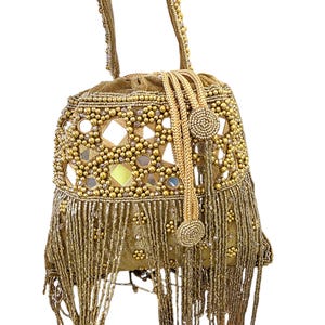 Gold Mirror Work Potli Bag for Women | Velvet Beaded Bridal Purse | Indian Wedding Clutch with Tassels | Handmade Ethnic Party Bag
