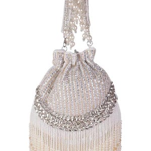 White Beaded Potli Bag for Women Handmade Bridal Clutch with Tassels  Ethnic Indian Purse for Wedding & Party Pearl Fringe Drawstring Pouch