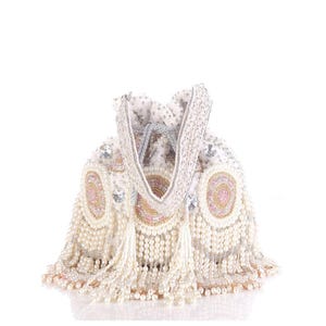 White Beaded Potli Bag for Women Handmade Bridal Clutch with Tassels  Ethnic Indian Purse for Wedding & Party Pearl Fringe Drawstring Pouch