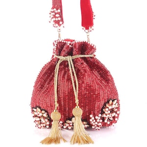 red Potli Bag for Women | Indian Bridal Clutch with Tassels | Handmade Ethnic Wedding Purse | Party Wear Potli Pouch
