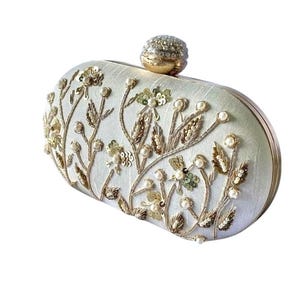 Ivory Embroidered Clutch Bag with Pearls | Handmade Wedding Evening Purse | Floral Sequin Bridal Clutch | Party Bag for Women | Gift for Her